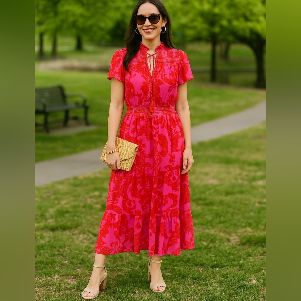 Kathy Ireland Women’s Red Pink Floral Maxi Dress PXL Smocked Waist Tassel Boho